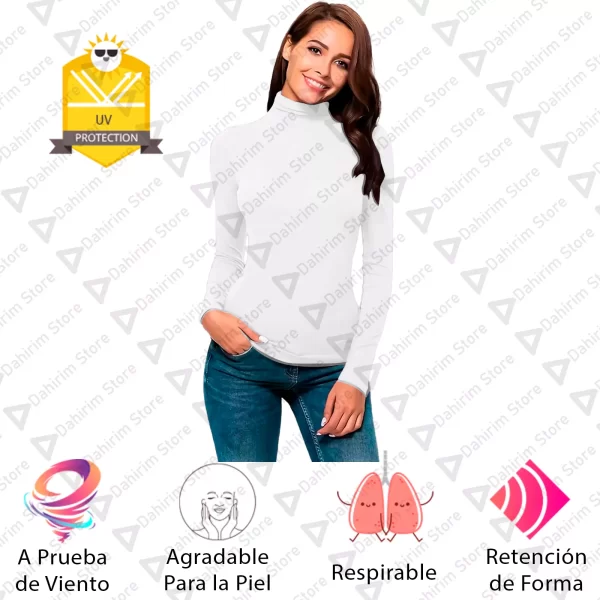 Blusa Termica Mujer, Blanco, Manga Larga, Unitalla, Cuello Alto, Playera, Casual, Basica, Camiseta, Uso Diario