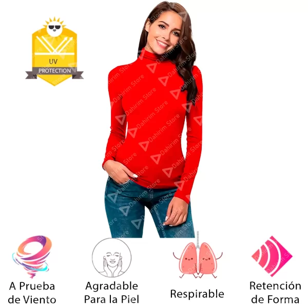 Blusa Termica Mujer, Rojo, Manga Larga, Unitalla, Cuello Alto, Playera, Casual, Basica, Camiseta, Uso Diario